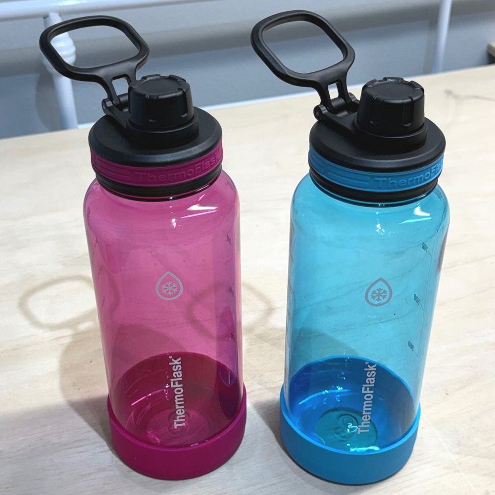 ThermoFlask 32oz Tritan Plastic Water Bottle Set Pink Blue Time Markers 2 Pack